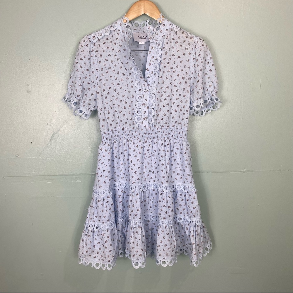 The Shirt Rochelle Behrens Blue Floral Mini Tiered Dress Eyelet Sz‎ XS